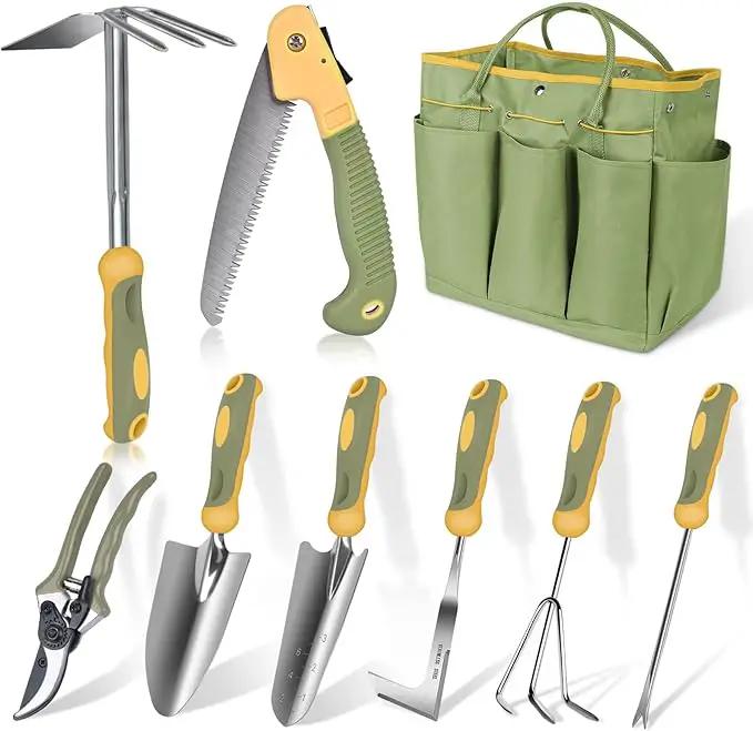 Garden Tool Set, WisaKey 9 Piece Stainless Steel Heavy Duty Gardening Tools with Handle, Durable Garden Tool Bag, Ideal Gardening Hand Tools, Gardening Gifts for Women and Men White Elephant Gifts by GreenHaven Gardens