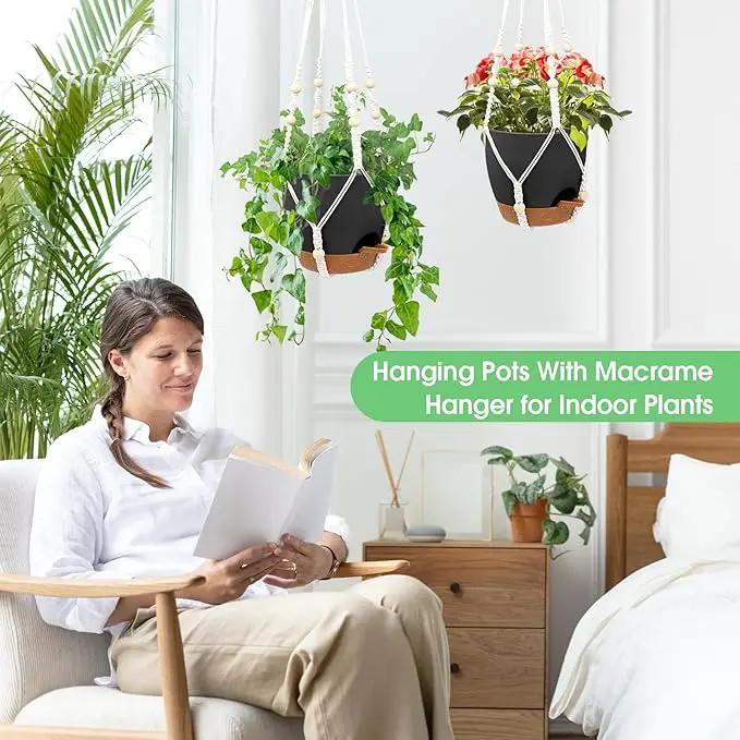 Hanging Planters for Indoor Outdoor Plants, 2 Pack Self Watering Hanging Pot with Drainage Holes, Removable Tray & 2 Kinds of Plant Hangers, 8'' Hanging Flower Pots for Home Garden Decor, Black by GreenHaven Gardens
