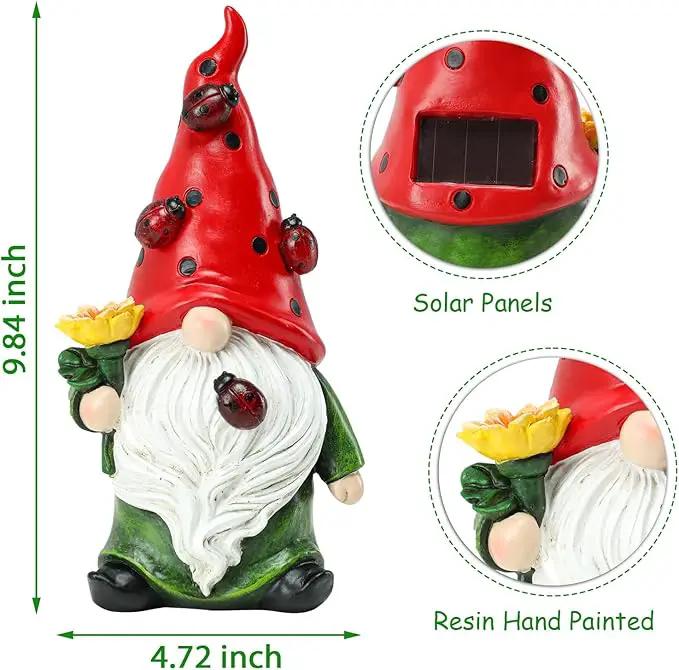 Garden Gnome Statue, Resin Sunflower Ladybug Gnome Figurine with Solar Lights for Porch Patio Yard Outdoor Decor by GreenHaven Gardens