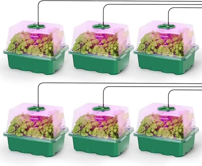MIXC 6-Pack Seed Starter Tray Kit with Plant Light Seedling Trays with Adjustable Humidity Domes & Clear Cell Trays 12 Full Spectrum LED Beads for Indoor Plant Growth (Green) by GreenHaven Gardens