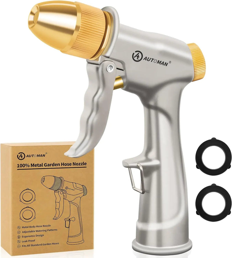 AUTOMAN Garden Hose Nozzle Sprayer - High Pressure 100% Metal Water Spray Nozzle With 4 Patterns - Heavy Duty for Watering Plants, Lawns, Washing Cars & Pets by GreenHaven Gardens