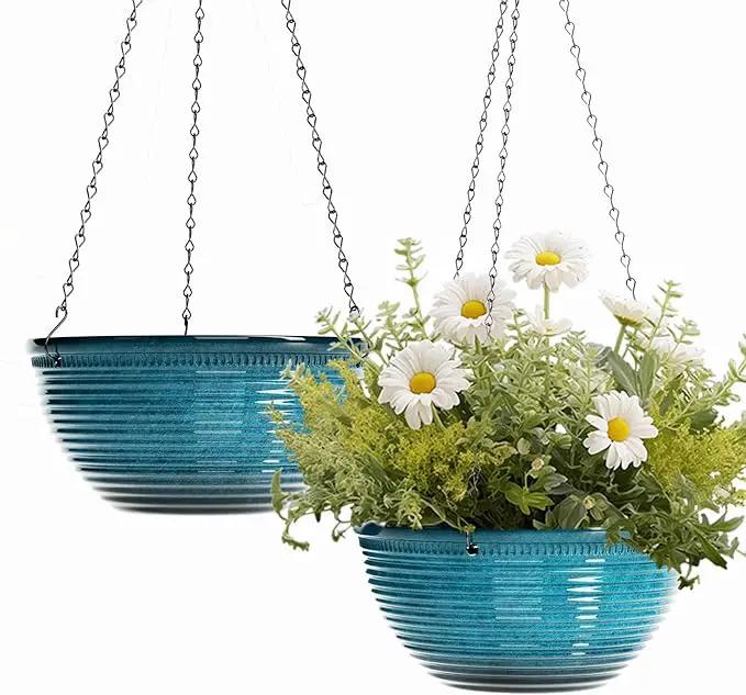 10in Hanging Planters for Indoor and Outdoor Plants, 2 Pack Hanging Planter with Drainage Hole, Round Hanging Flower Pots for Garden Home Decor (Blue) by GreenHaven Gardens