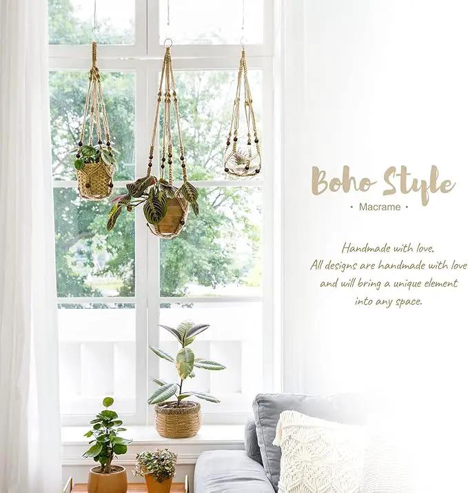 Mkono Macrame Plant Hanger Indoor Jute Hanging Planter Basket with Wood Beads Decorative Flower Pot Holder No Tassels for Indoor Outdoor Boho Home Decor 35 Inch, Brown, Set of 2 (POTS NOT Included) by GreenHaven Gardens