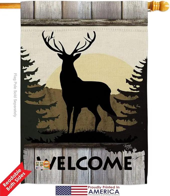 Welcome Deer Garden House Flags Kit Animals Wildlife Outdoor Bear Wolf Pet Nature Farm Animal Creature Small Decorative Gift Yard Banner Double-Sided Made In USA 28 X 40 by GreenHaven Gardens