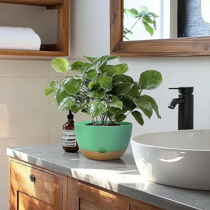 10 Inch Pots for Indoor Plants, Large Self Watering Planters with Drainage and Saucers, Plastic Outdoor Flower Pot, Set of 2, Green by GreenHaven Gardens