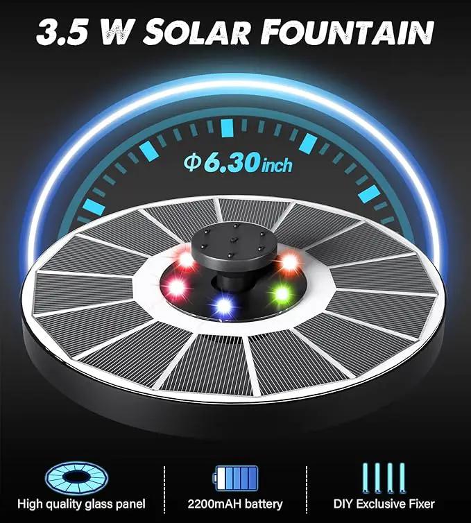 Solar Fountain Glass Panel with 2200 mah Battery, 3.5W Floating Solar Water Fountain with 4 Fixed Rods, Solar Fountain Pump for Bird Bath, Garden, Pond, Pool, Outdoor-Colorful Lights by GreenHaven Gardens