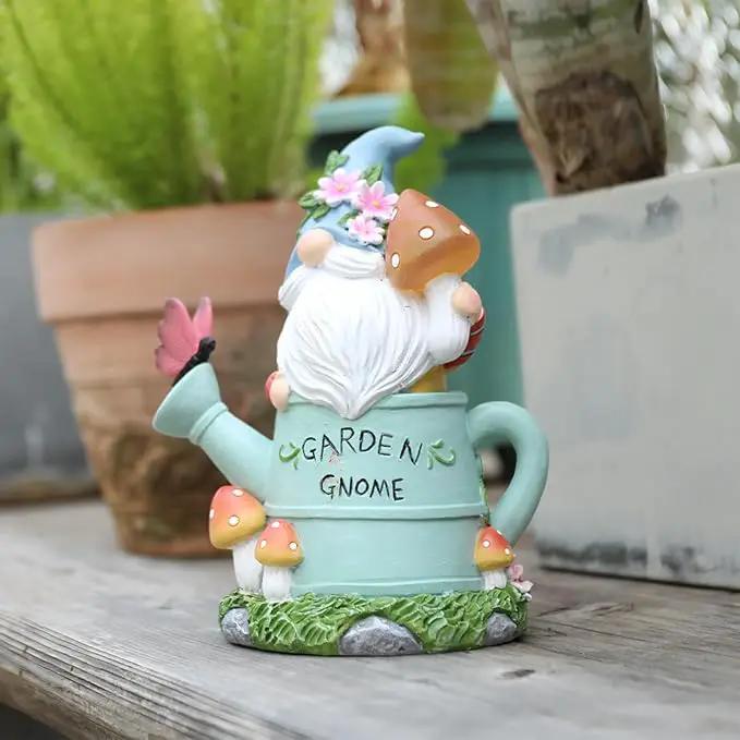 Garden Gnome Statue, Novelty Gnome Outdoor Figurine with Watering Can Shape and Flowers Butterfly Decor - Resin Gnome Sculpture with Mushroom Solar Lights for Porch Patio Yard Outdoor Decor by GreenHaven Gardens