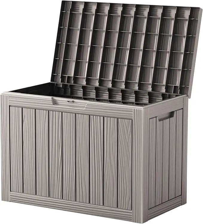 45 Outdoor Storage Box, Waterproof Resin Deck Box with Side Handles, Lockable Outdoor Bench for Indoor & Outdoor Use, Storage Bin for Patio Cushions, Garden Tools, Package Delivery, Grey by GreenHaven Gardens