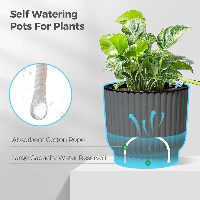 T4U 7 Inch Self Watering Pots for Indoor Plants, 4 Pack Gray Plastic Flower Pots for All House Plants, Flowers, African Violets by GreenHaven Gardens
