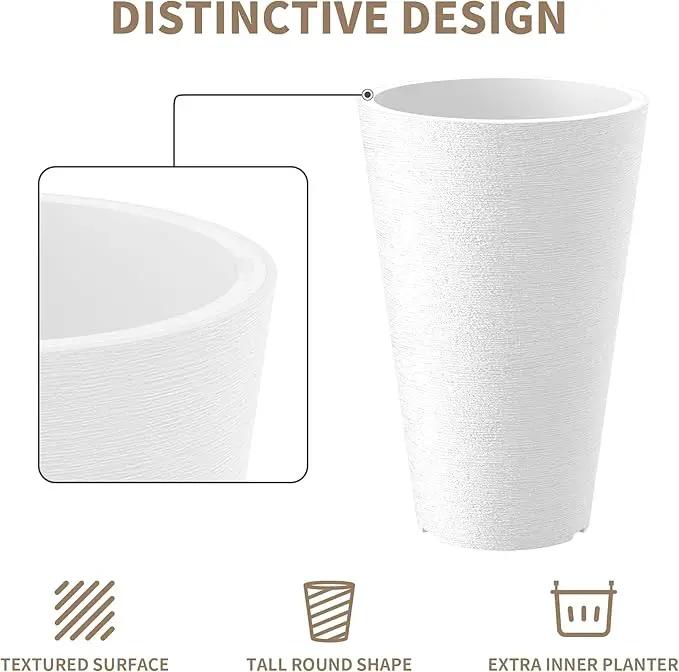 Kante Tall Round Planter Set of 2, 15 Inch Tall Decorative Planter Pots for Outdoor Indoor Garden Patio Front Porch (White) by GreenHaven Gardens