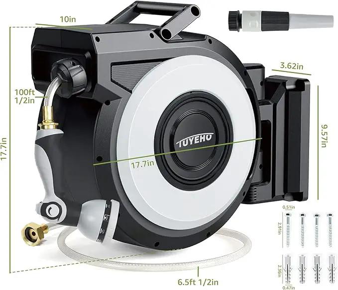 Tuyeho Retractable Garden Hose Reel 100FT, Wall Mount Heavy Duty Water Hose Reels with Automatic Slow Rewind System, Outdoor Hoses Reel with 2 Hose Nozzles for Garden Watering, Car Wash, Pet Shower by GreenHaven Gardens