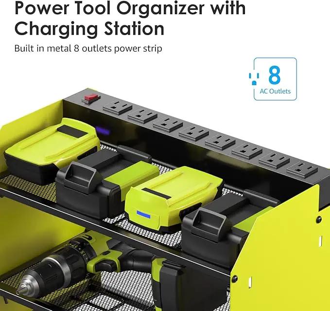 CCCEI Modular Power Tool Organizer Wall Mount with Charging Station. Garage 4 Drill Storage Shelf with Hooks, Screwdriver, Drill Bit Heavy Duty Rack, Tool Battery Holder Built in 8 Outlet Power Strip. by GreenHaven Gardens