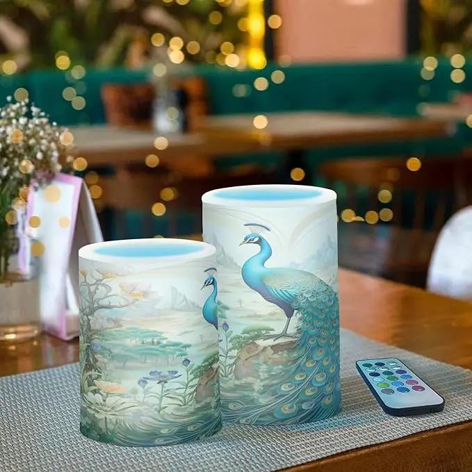 Flickering Flameless Candles, Peacock Garden LED Candles with Remote Timer, Set of 2 Battery Operated Candle for Valentine Wedding Birthday by GreenHaven Gardens