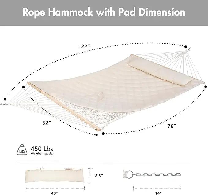 ANOW Outdoor Rope Hammock with Spreader Bars, Heavy Duty Hammock with Pad for Outdoors, 450 LBS Weight Capacity, Cream by GreenHaven Gardens