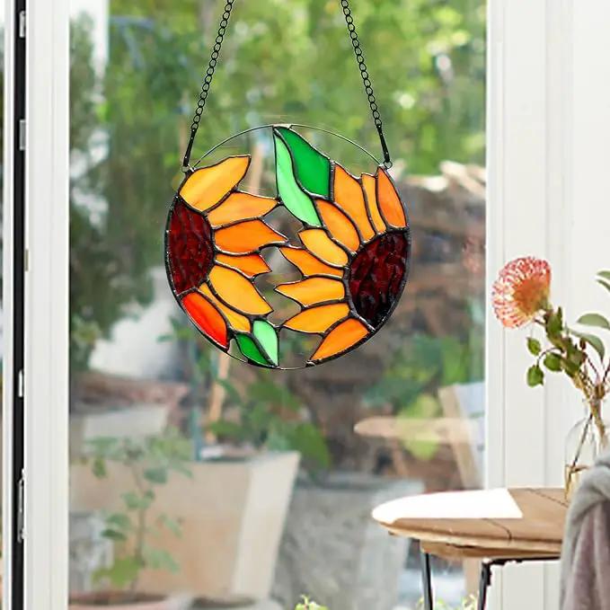 BOXCASA Sunflower Decor Stained Glass Window Hanging,Handmade Art Craft Sun Flower Glass Suncatchers for Window,Tiffany Style Ornament Home Decoration Housewarming Gifts for Mother by GreenHaven Gardens