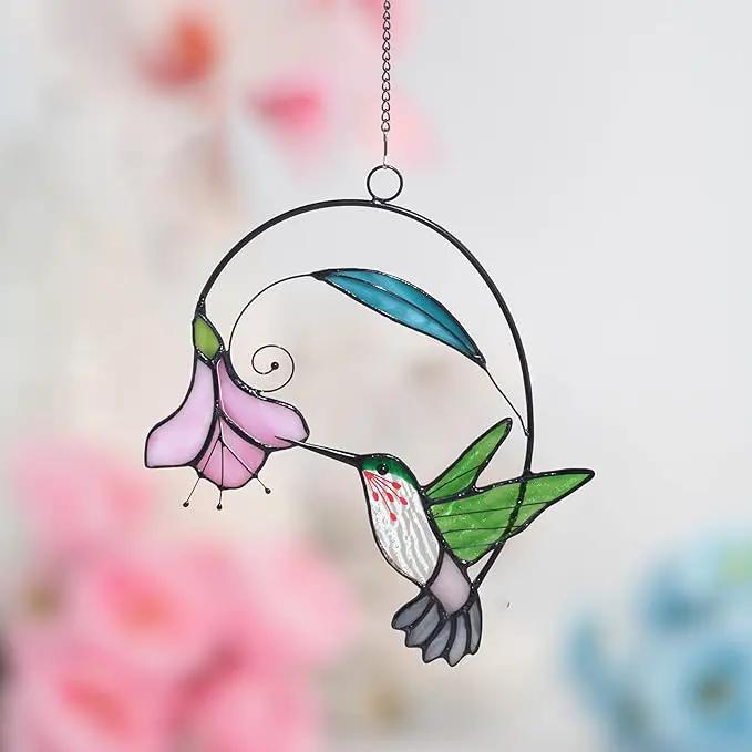 Lolitarcrafts Stained Glass Hummingbird Window Hangings with Flowers, Bird Stained Glass Suncatcher for Window Decor Hummingbird Gifts for Mom,Bird Lovers (Green with Flower A) by GreenHaven Gardens