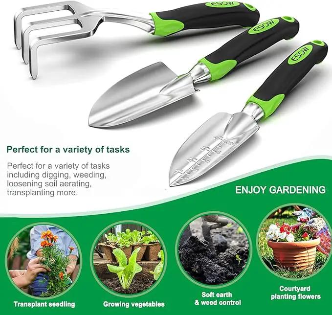 ESOW Garden Tool Set, 3 Piece Cast-Aluminum Heavy Duty Gardening Kit Includes Hand Trowel, Transplant Trowel and Cultivator Hand Rake with Soft Rubberized Non-Slip Ergonomic Handle, Garden Gifts by GreenHaven Gardens