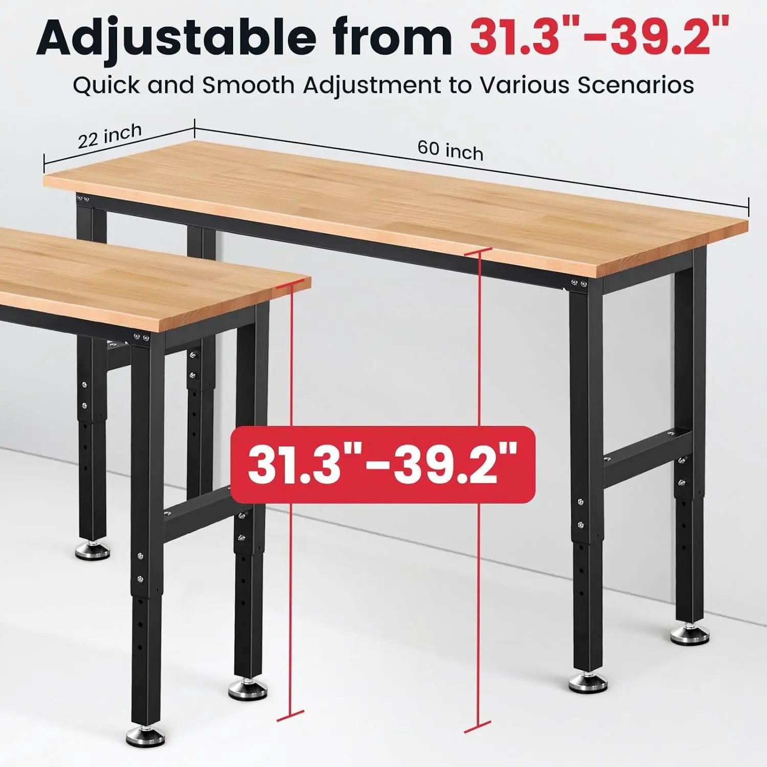 Work Bench 60 Inch Work Table for Garage Heavy Duty Rubberwood Tabletop Workbench for Woodworking Shop Home Office Electronic Cutting Wood by GreenHaven Gardens