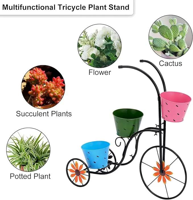 LEWIS&WAYNE Metal Tricycle Planter, 3 Tier Floral Flower Plant Stand Holder Hand Painted Outdoor Garden Patio Decor by GreenHaven Gardens
