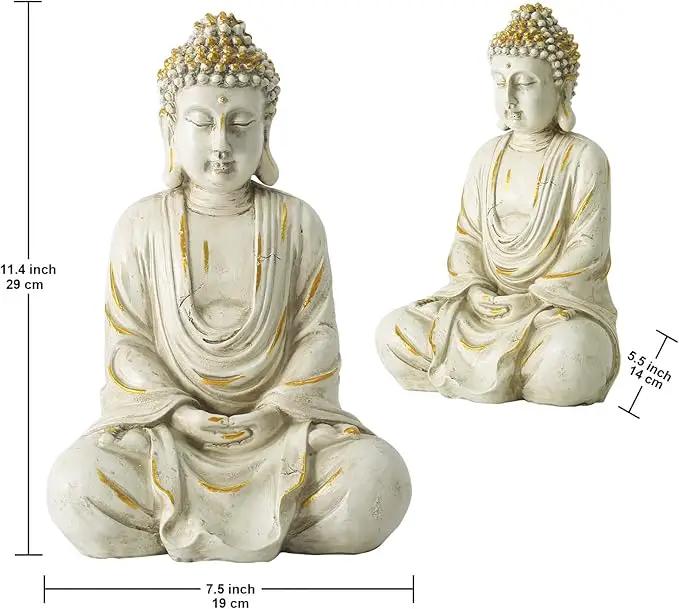 Goodeco 11.4 Meditating Zen Buddha Statue Figurine Sculpture - Indoor/Outdoor Decor for Home,Garden,with Natural Wood Beaded Necklace,Polyresin (White) by GreenHaven Gardens