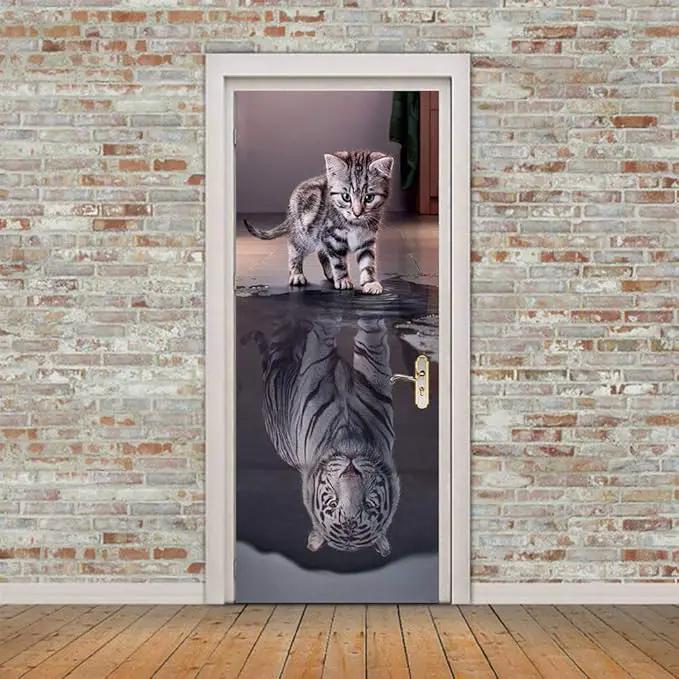 3D Door Stickers Murals Peel and Stick - Cat Becomes Tiger - Door Wallpaper Self-Adhesive Door Decals Removable PVC Waterproof Door Poster for Bedroom Living Room Door 37.4" x 84.6" by GreenHaven Gardens