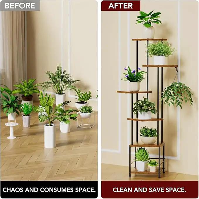 Plant Stand Indoor with Grow Light, 6-Tiered Tall Plant Stand Indoor, Metal Plant Shelf with Hanging Basket Hook and Adjustable Light, Ideal for Living Room, Garden, Patio, （Brown and Black） by GreenHaven Gardens