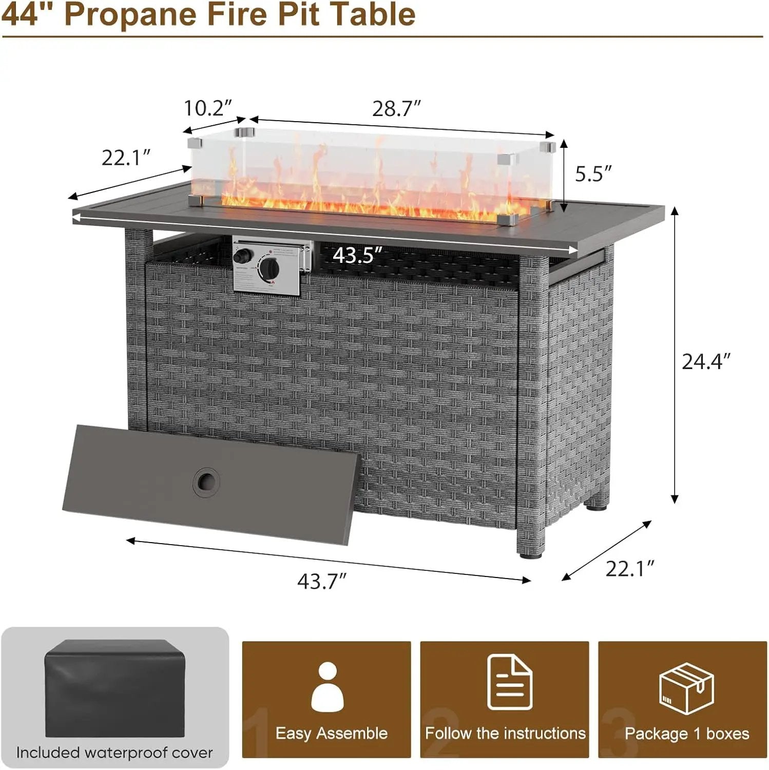 44" Fire Pit Table with Wind Guard for Outdoor, Auto-Ignition Propane Gas Firepits Rattan Rectangular Table for Outside Patio 60,000 BTU, Gray by GreenHaven Gardens