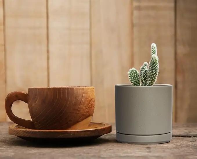 D'vine Dev Ceramic Planter Pot with Drainage Hole and Saucer, Indoor Cylinder Round Flower Pot, 4.6 Inch, Grey, 94-O-B-3 by GreenHaven Gardens