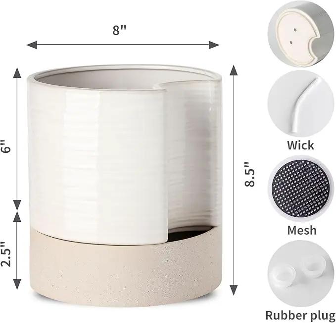 Nihow Self Watering Plant Pot: 8 Inch Ceramic Planter with Drainage Hole & Water Storage Plus for Indoor & Outdoor Plants - Cylinder Round Flower Pot for Succulent/Herbs/Violets - Cream White & Brown by GreenHaven Gardens