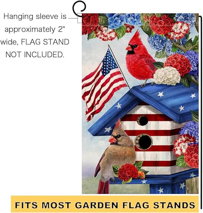 BLKWHT 4th of July Cardinal Bird Garden Flag 12x18 Vertical Double Sided Red Blue Floral Memorial Day Independence Day Holiday Outside Decorations Burlap Yard Flag BW824 by GreenHaven Gardens