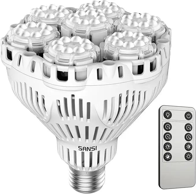 SANSI Dimmable Grow Light Bulb Full Spectrum, High PPFD 40W (600 Watt Equiv) with Remote, Auto On Off Timing 4 8 12 Hrs, Energy Saving Plant Light Bulb with E26 Base for Indoor Plants by GreenHaven Gardens