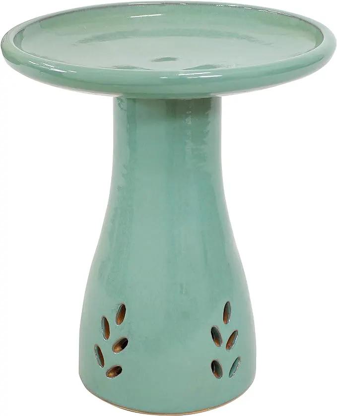 Sunnydaze 21" H Ceramic Bird Bath for Outside - Hand-Painted Outdoor Bird Bath Bowl, UV/Frost-Resistant Finish - Seafoam - Cut Out Pedestal by GreenHaven Gardens