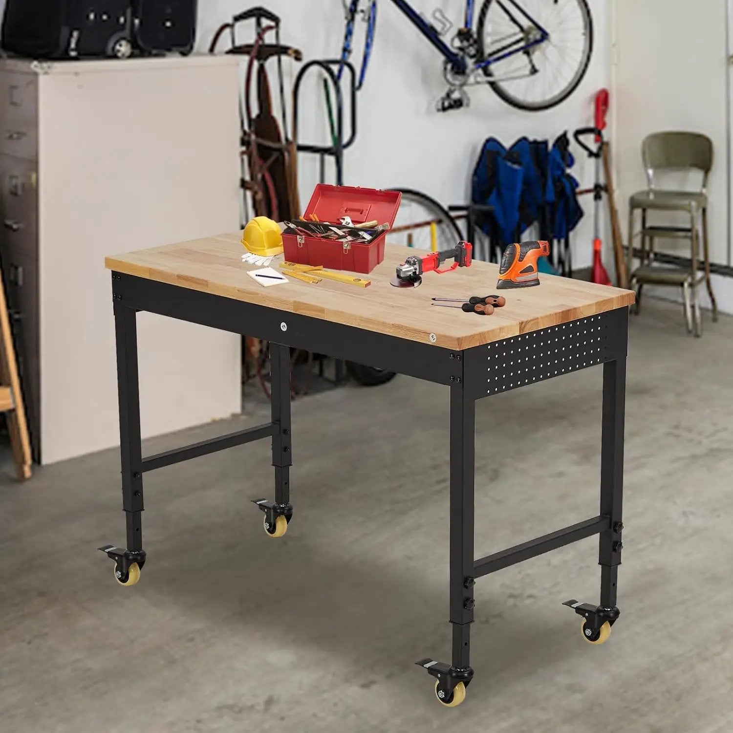 48'' Adjustable Workbench, Heavy Duty Workbench with Power Outlet and Lockable Wheels, 2000 LBS Capacity, Work Table Suitable for Office, Garage, Workshop by GreenHaven Gardens