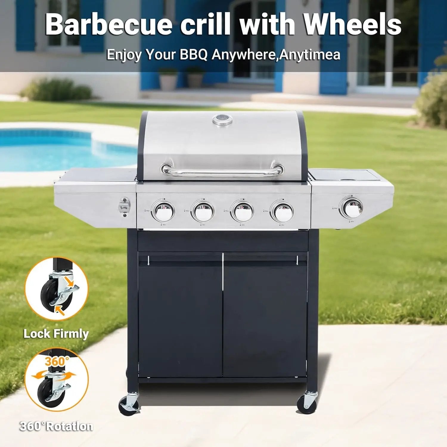 Endark 4-burner propane gas grill | Stainless steel construction | Dual side racks and wheels | Designed for patio, garden, and backyard cooking by GreenHaven Gardens