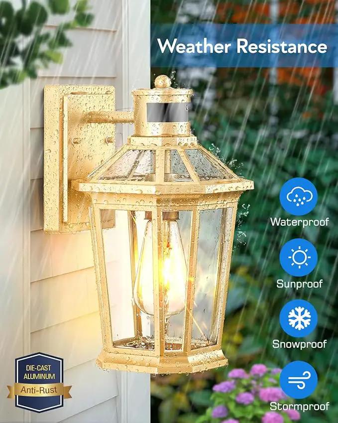 VIANIS Outdoor Wall Lights Lantern, 2 Pack Gold Motion Sensor Proch Light, Dusk to Dawn Weather Resistant Exterior Lights for House Sconce, Waterproof Garage Lights with Clear Glass Shade by GreenHaven Gardens