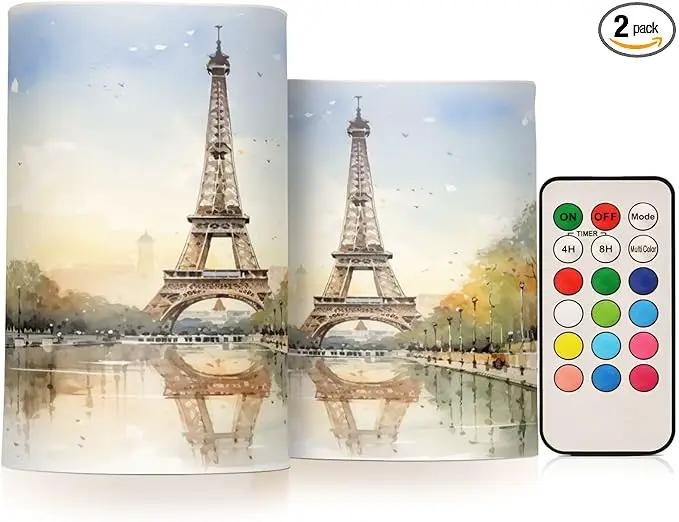 Flickering Flameless Candles, Eiffel Tower Lake LED Candles with Remote Timer, Set of 2 Battery Operated Candle for Valentine Wedding Birthday by GreenHaven Gardens