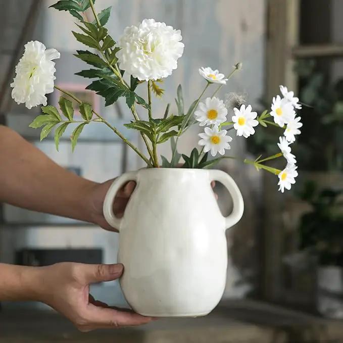 White Ceramic Vase with 2 Handles, Modern Farmhouse Decor, Rustic Terracotta Pottery, Decorative Flower Vases, Clay Small Vase, Centerpiece for Dining Table - 7 Inch Tall by GreenHaven Gardens