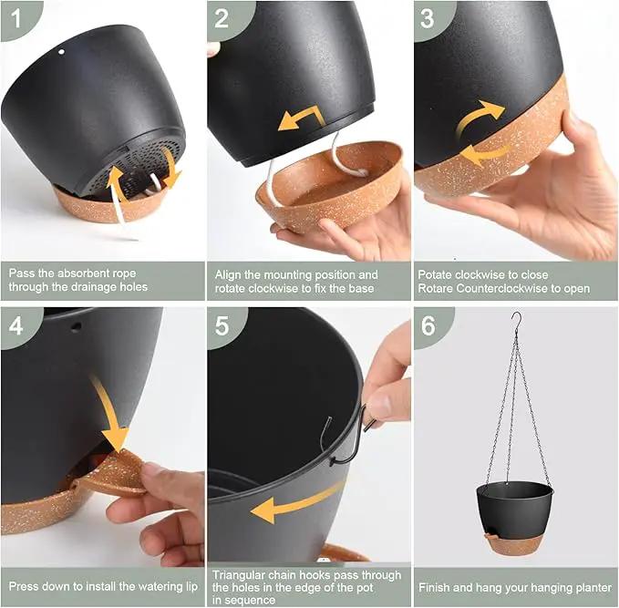 Hanging Planters for Indoor Outdoor Plants, 2 Pack Self Watering Hanging Pot with Drainage Holes & Removable Tray (Black, 6'') by GreenHaven Gardens
