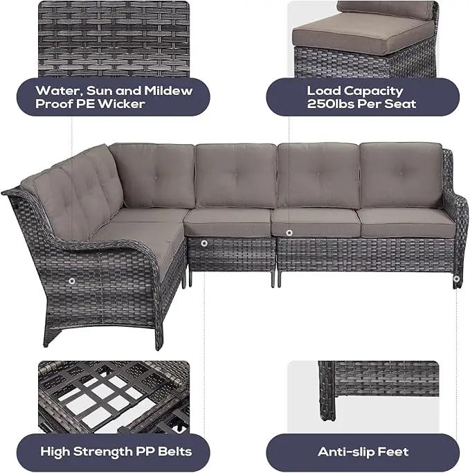 Outdoor Furniture Sectional Sofa L Shaped Couch - Patio Wicker Set with 2 Swivel Glider Chairs, 5 Piece Rattan Patio Conversation Sets with Gray Cushion for Deck Backyard Sunroom by GreenHaven Gardens