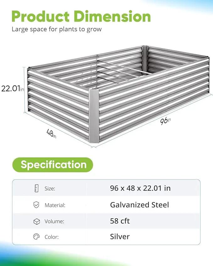 Quictent Galvanized Raised Garden Bed 8x4x2 Ft Tall Metal Planter Box for Vegetables Outdoor Bottomless for Backyard, 2 Tomato Cages Included, 22.04" Deep (Silver) by GreenHaven Gardens