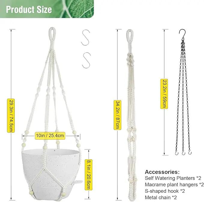 10 inch Self Watering Hanging Planters, 2 Pack Hanging Baskets for Indoor Outdoor Plants, Hanging Flower Pots with Drainage Holes and 2 Kinds of Plant Hangers for Garden Decor, Speckled White by GreenHaven Gardens