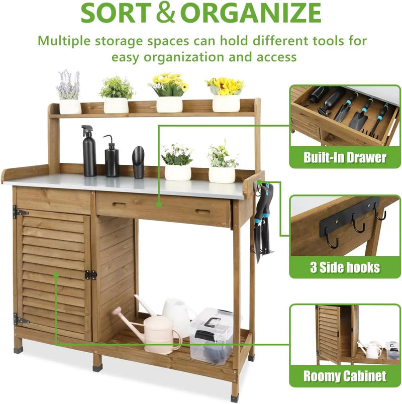 Garden Potting Benche Table Outdoor Wooden Work Station W/Metal Table top,Cabinet,Drawer,Large Bottom Shelf,Open Shelf Natural Wood-Brown-Brown by GreenHaven Gardens