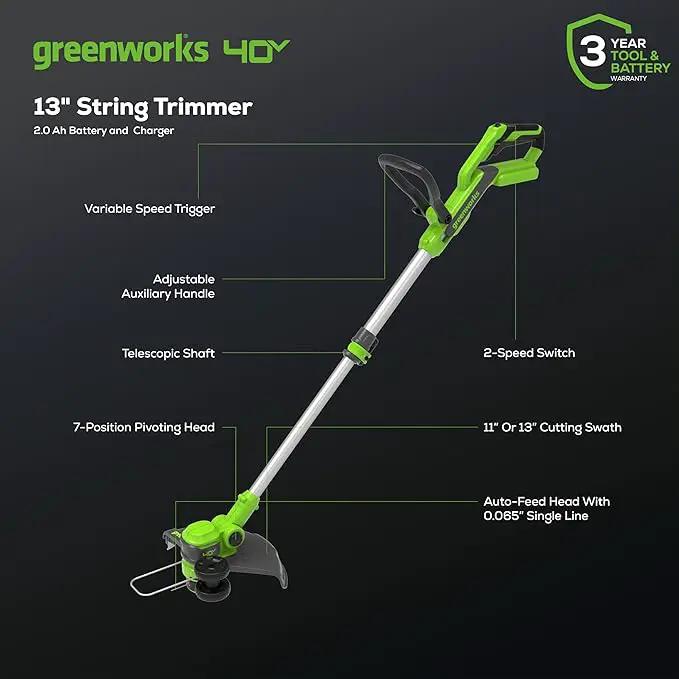 Greenworks 40V 13-Inch Cordless String Trimmer / Edger (Gen 2), Battery and Charger Not Included by GreenHaven Gardens