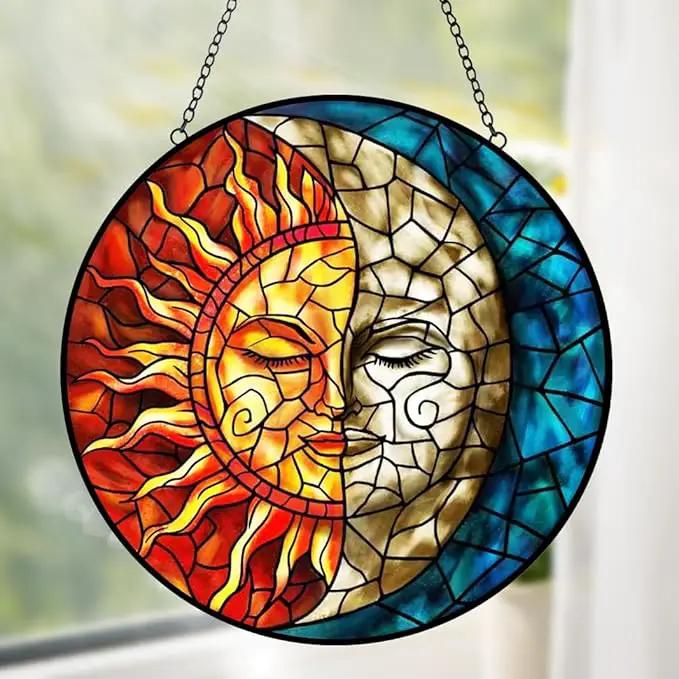 Sun and Moon Suncatcher Stained Glass Window Hanging - Handmade Stain Glass Suncatchers with Chain - Sun Catchers Indoor Window Glass Panel for Home Decor Garden Thanksgiving Valentines Day Gifts by GreenHaven Gardens