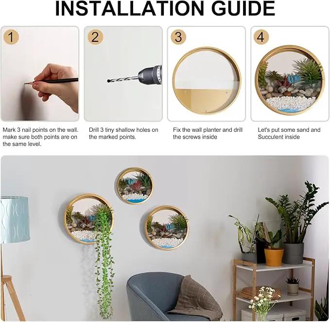 3 Pack Set Wall Planters,Modern Round Glass Wall Planter Succulent Planter Circle Iron Hanging Planter Vase for Herb,Small Cactus Perfect for Balcony, Room and Patio Decor (Gold) by GreenHaven Gardens