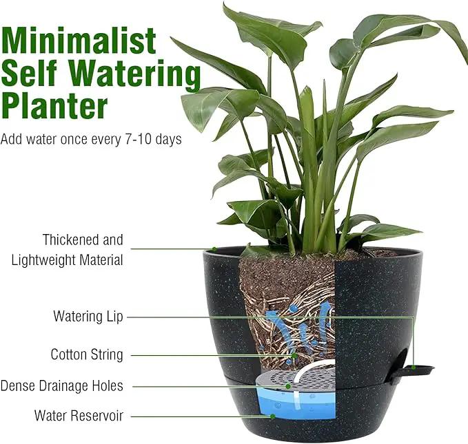 12/10/9 inch Large Self Watering Pots, Planter, Plant Pots with Mesh Drainage Holes for Indoor Outdoor Garden Plants, Plastic Flower Pots with Deep Reservoir, Black with Green Speckles by GreenHaven Gardens