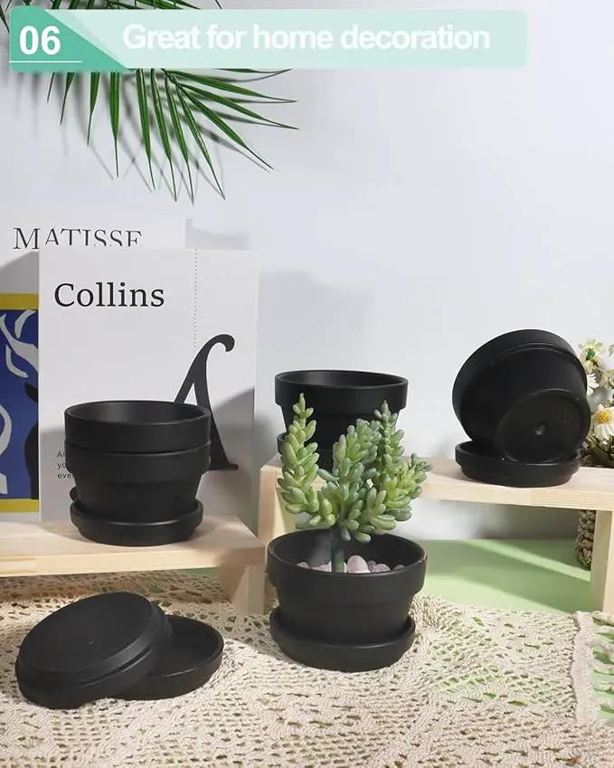 vensovo 5.7 Inch Black Terracotta Shallow Succulent Pots - 6 Pack Terra Cotta Clay Pot with Saucer, Cacuts Indoor and Outdoor Planters with Drainage Hole by GreenHaven Gardens