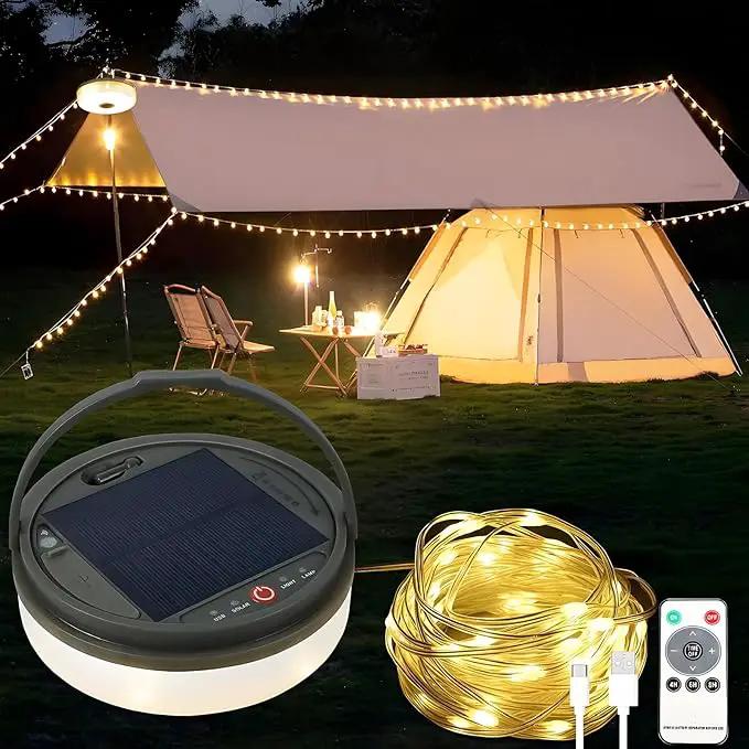 Solar Camping String Lights, 39.4FT Portable Waterproof Camping Light with 8 Lighting Modes, Solar Powered and USB Rechargeable Tent Lantern with Remote Control for Camping, Yard, Garden and Hiking by GreenHaven Gardens