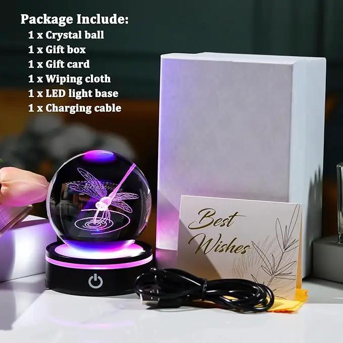 YWHL Crystal Ball 3D Dragonfly Figurine with LED Base, Dragonfly Gifts for Men Women on Christmas Birthday, Glass Animals Insect Sphere Decorative Ball for Home Decor (80mm) by GreenHaven Gardens