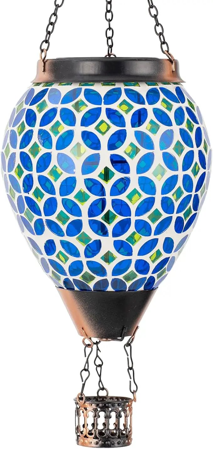 Mosaic Hot Air Balloon Solar Lantern with Flickering Flame, Blue Mosaic Hanging Solar Lantern Lights Outdoor Waterproof for Garden Patio Gifts for Women Mom Grandma by GreenHaven Gardens